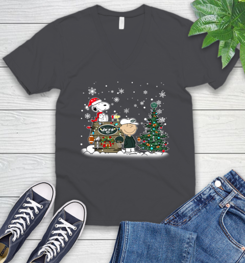 NFL New York Jets Snoopy Charlie Brown Christmas Football Super Bowl Sports V-Neck T-Shirt 4