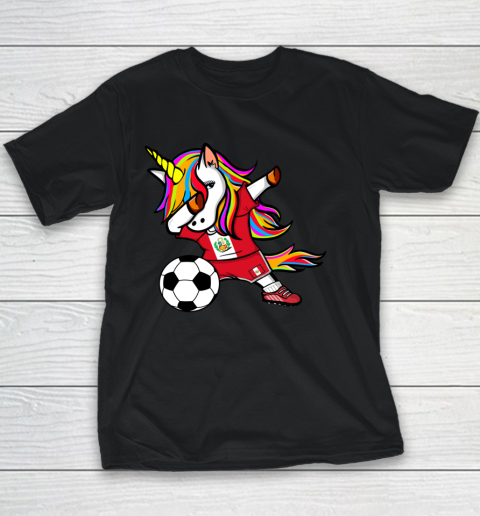 Funny Dabbing Unicorn Peru Football Peruvian Flag Soccer Youth T-Shirt