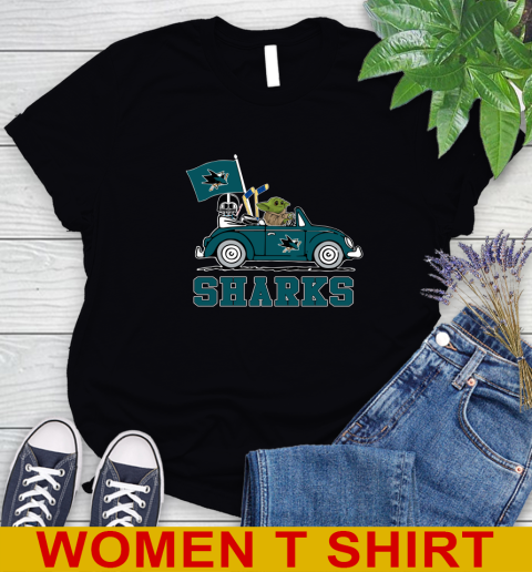 NHL Hockey San Jose Sharks Darth Vader Baby Yoda Driving Star Wars Shirt Women's T-Shirt 2