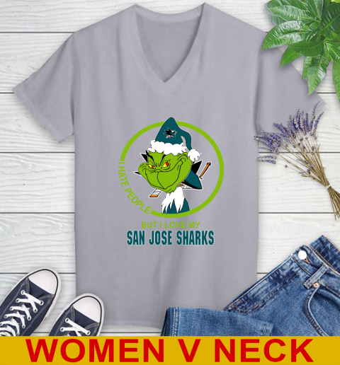 San Jose Sharks NHL Christmas Grinch I Hate People But I Love My Favorite Hockey Team Women's V-Neck T-Shirt 5