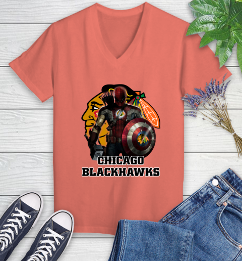 NHL Captain America Thor Spider Man Hawkeye Avengers Endgame Hockey Chicago Blackhawks Women's V-Neck T-Shirt 6