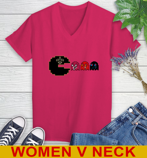New Orleans Saints NFL Football Pac Man Champion Women's V-Neck T-Shirt 10
