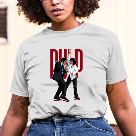 Air Jordan 11 Bred Matching Sneaker Shirt Pulp Fiction Dance Varsity Red Black and White Sneaker Shirt