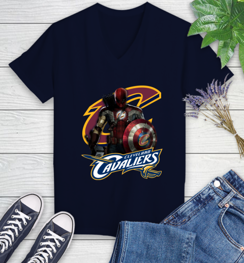 Cleveland Cavaliers NBA Basketball Captain America Thor Spider Man Hawkeye Avengers Women's V-Neck T-Shirt 3