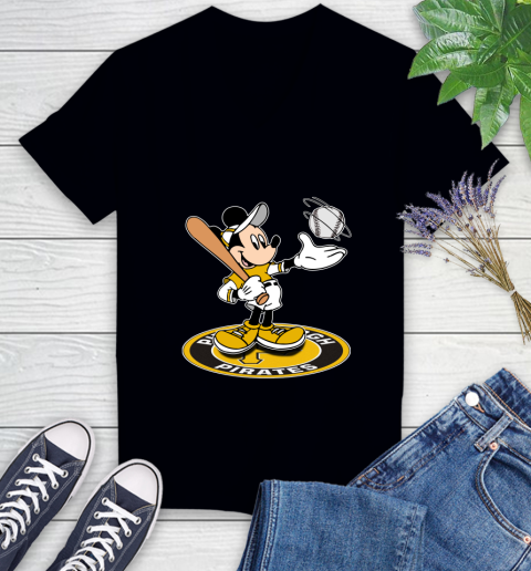 MLB Baseball Pittsburgh Pirates Cheerful Mickey Disney Shirt Women's V-Neck T-Shirt