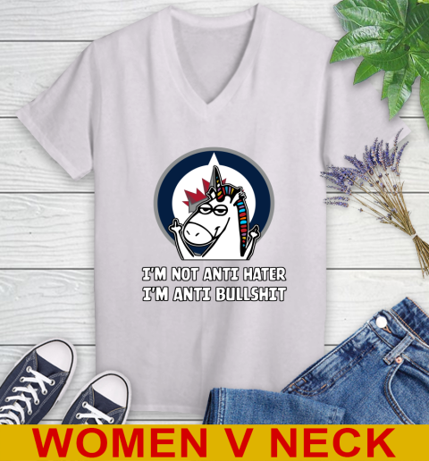 Winnipeg Jets NHL Hockey Unicorn I'm Not Anti Hater I'm Anti Bullshit Women's V-Neck T-Shirt