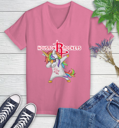 Houston Rockets NBA Basketball Funny Unicorn Dabbing Sports Women's V-Neck T-Shirt 13