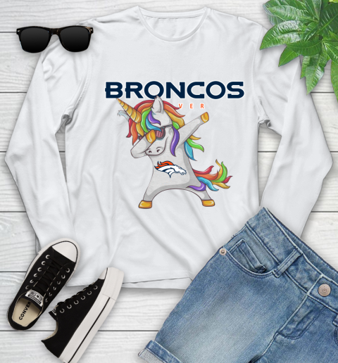 Denver Broncos NFL Football Funny Unicorn Dabbing Sports Youth Long Sleeve