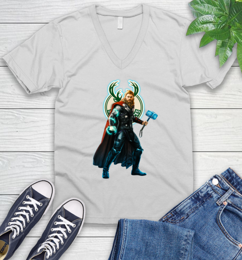 NBA Thor Avengers Endgame Basketball Milwaukee Bucks V-Neck T-Shirt