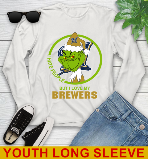 Milwaukee Brewers MLB Christmas Grinch I Hate People But I Love My Favorite Baseball Team Youth Long Sleeve 12