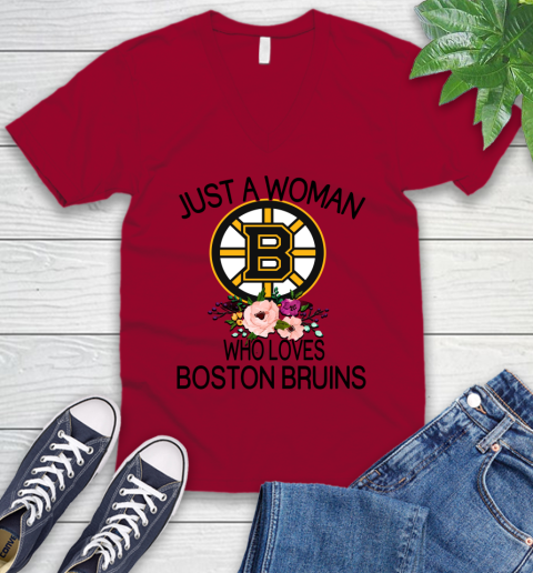 NHL Just A Woman Who Loves Boston Bruins Hockey Sports V-Neck T-Shirt 5