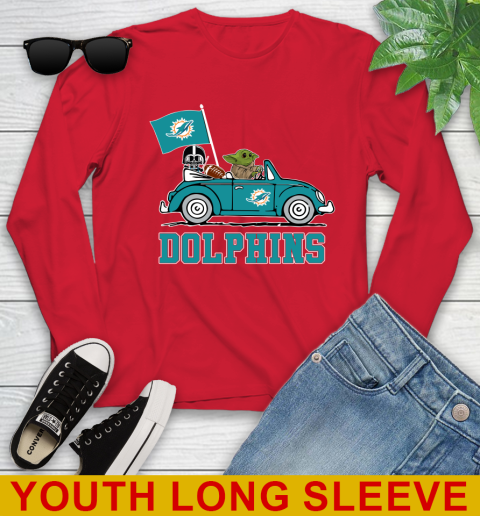 NFL Football Miami Dolphins Darth Vader Baby Yoda Driving Star Wars Shirt Youth Long Sleeve 11