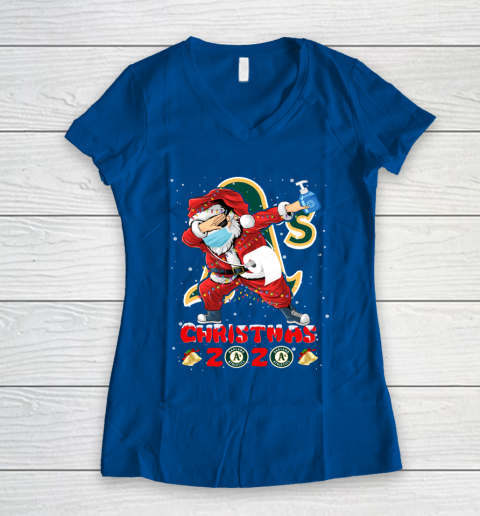 Oakland Athletics Funny Santa Claus Dabbing Christmas 2020 MLB Women's V-Neck T-Shirt 7