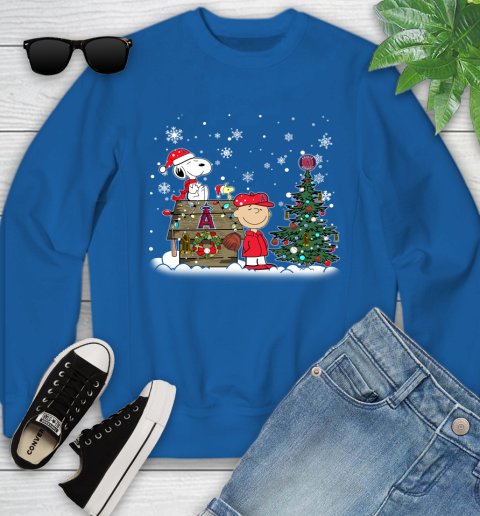MLB Los Angeles Angels Snoopy Charlie Brown Christmas Baseball Commissioner's Trophy Youth Sweatshirt 7