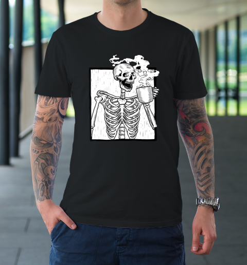 Skeleton Drinking Coffee Shirt Death Drinking Coffee Skull Halloween T-Shirt