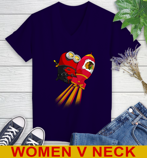 NHL Hockey Chicago Blackhawks Deadpool Minion Marvel Shirt Women's V-Neck T-Shirt 3