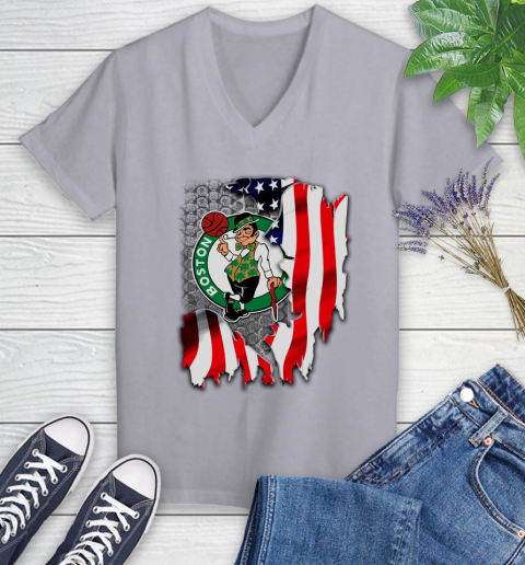Boston Celtics NBA Basketball American Flag Women's V-Neck T-Shirt 4