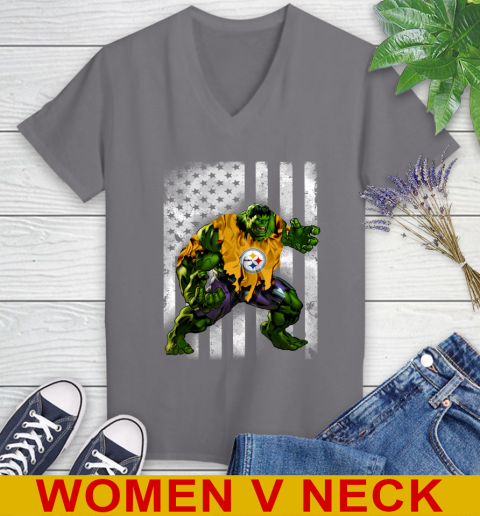 Pittsburgh Steelers Hulk Marvel Avengers NFL Football American Flag Women's V-Neck T-Shirt - Image 12