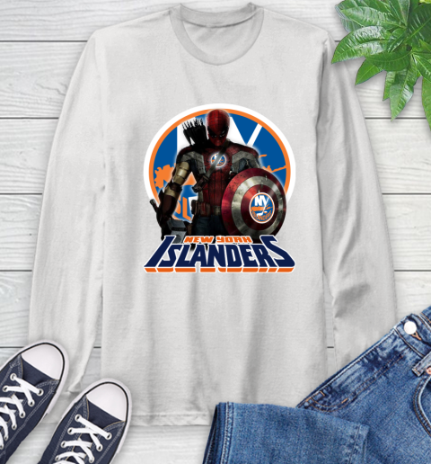 NHL Captain America Thor Spider Man Hawkeye Avengers Endgame Hockey New York Islanders Long Sleeve T-Shirt