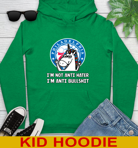 Philadelphia 76ers NBA Basketball Unicorn I'm Not Anti Hater I'm Anti Bullshit Youth Hoodie - Image 9