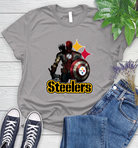 NFL Captain America Thor Spider Man Hawkeye Avengers Endgame Football Pittsburgh Steelers Women's T-Shirt 5