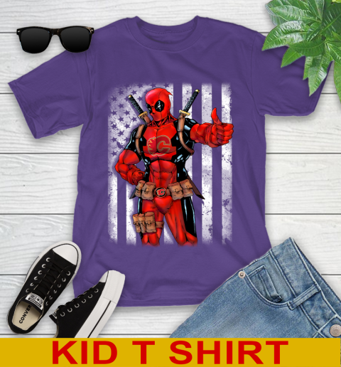 NHL Hockey Calgary Flames Deadpool American Flag Shirt Youth T-Shirt 3