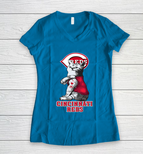 MLB Baseball My Cat Loves Cincinnati Reds Women's V-Neck T-Shirt 5