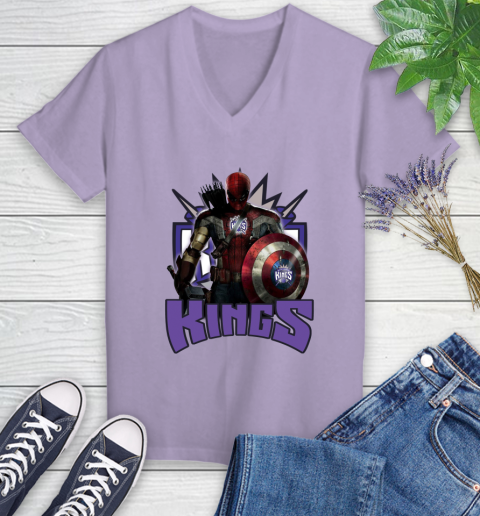Sacramento Kings NBA Basketball Captain America Thor Spider Man Hawkeye Avengers Women's V-Neck T-Shirt 14
