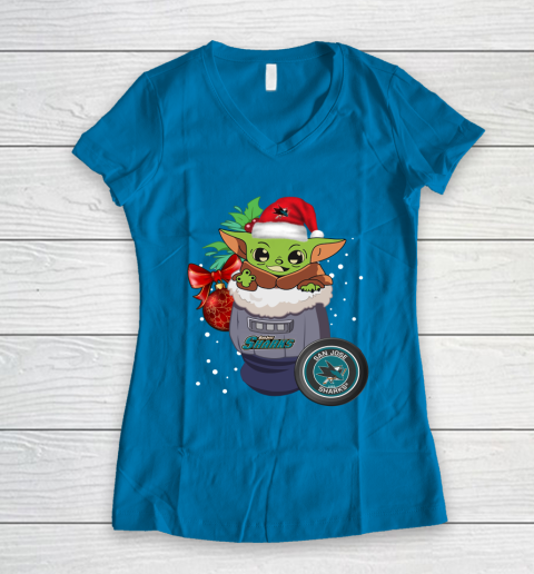 San Jose Sharks Christmas Baby Yoda Star Wars Funny Happy NHL Women's V-Neck T-Shirt 7