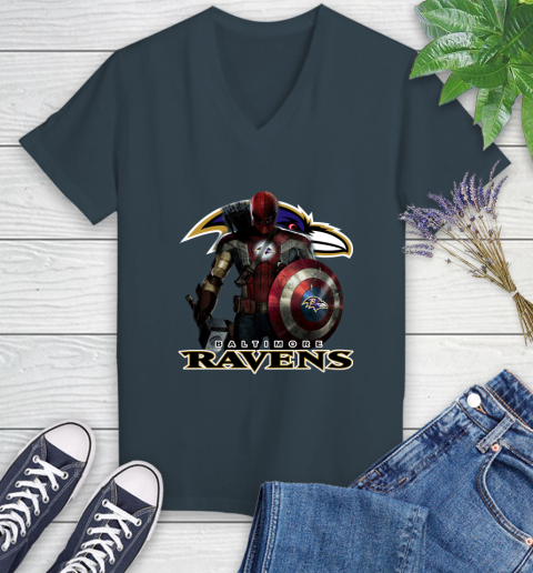 NFL Captain America Thor Spider Man Hawkeye Avengers Endgame Football Baltimore Ravens Women's V-Neck T-Shirt 8