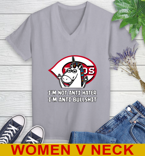 Cincinnati Reds MLB Baseball Unicorn I'm Not Anti Hater I'm Anti Bullshit Women's V-Neck T-Shirt 5