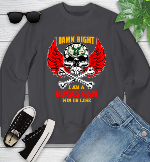 NBA Damn Right I Am A Milwaukee Bucks Win Or Lose Skull Basketball Sports Youth Sweatshirt 5