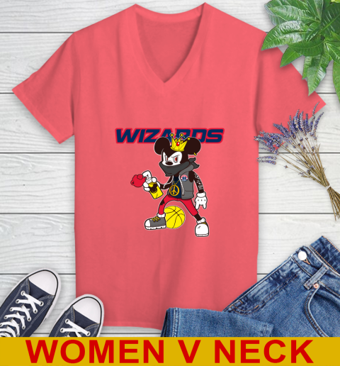 Washington Wizards NBA Basketball Mickey Peace Sign Sports Women's V-Neck T-Shirt 7