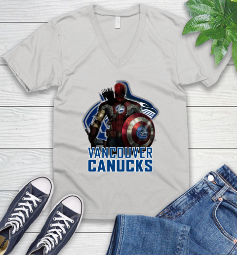 NHL Captain America Thor Spider Man Hawkeye Avengers Endgame Hockey Vancouver Canucks V-Neck T-Shirt