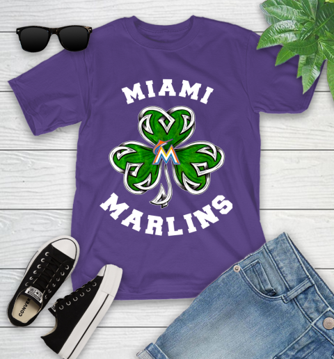 MLB Miami Marlins Three Leaf Clover St Patrick's Day Baseball Sports Youth T-Shirt 3