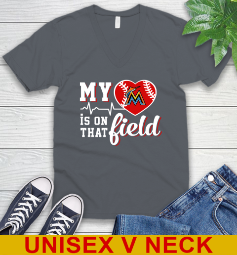 MLB My Heart Is On That Field Baseball Sports Miami Marlins V-Neck T-Shirt 4