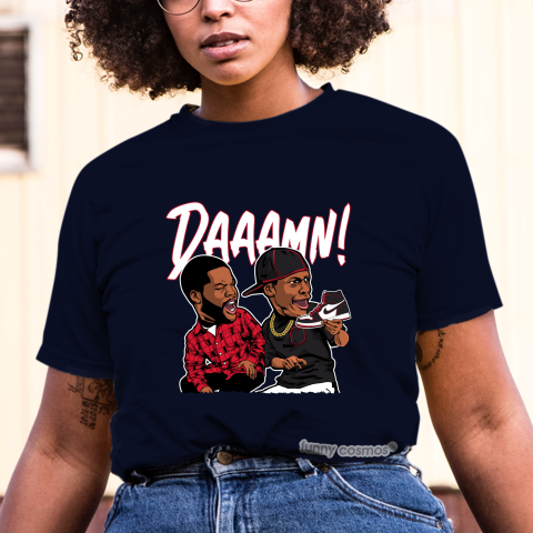 Air Jordan 1 Bloodline Matching Sneaker Shirt Daaamn Meme Black White And Red Sneaker White Tshirt