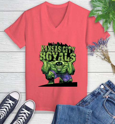 Kansas City Royals MLB Baseball Incredible Hulk Marvel Avengers Sports Women's V-Neck T-Shirt 6
