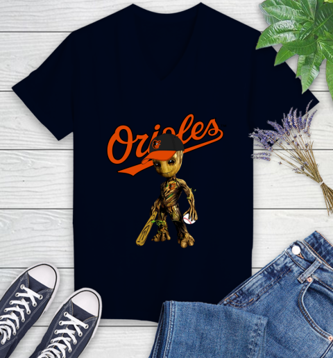 MLB Baltimore Orioles Groot Guardians Of The Galaxy Baseball Women's V-Neck T-Shirt 3
