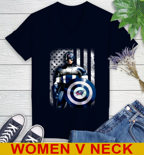 Columbus Blue Jackets NHL Hockey Captain America Marvel Avengers American Flag Shirt Women's V-Neck T-Shirt 2