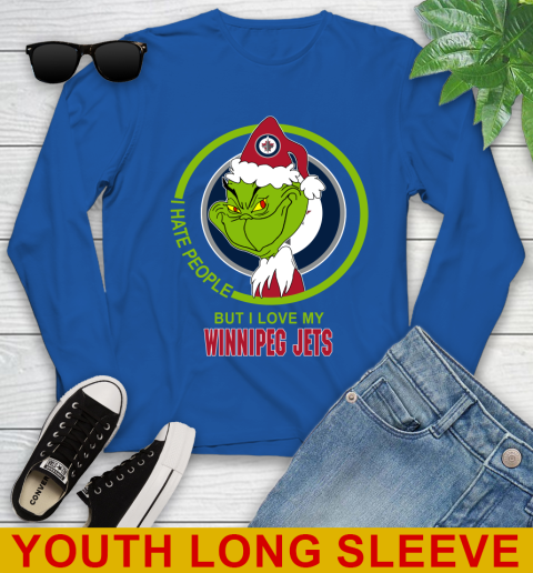 Winnipeg Jets NHL Christmas Grinch I Hate People But I Love My Favorite Hockey Team Youth Long Sleeve 10
