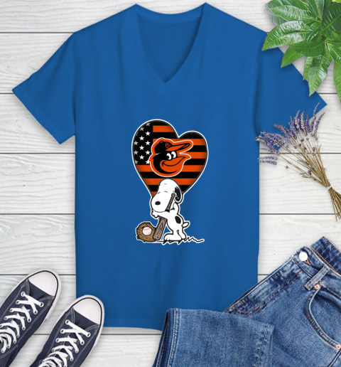 Baltimore Orioles MLB Baseball The Peanuts Movie Adorable Snoopy Women's V-Neck T-Shirt 10