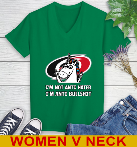 Carolina Hurricanes NHL Hockey Unicorn I'm Not Anti Hater I'm Anti Bullshit Women's V-Neck T-Shirt 6