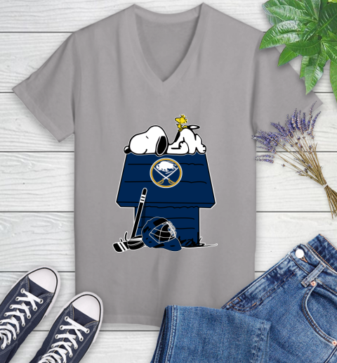 Buffalo Sabres NHL Hockey Snoopy Woodstock The Peanuts Movie Women's V-Neck T-Shirt 4