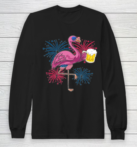 Beer Lover Funny Shirt Flamingo Cheer Beer American Flag Fireworks Independence Day Long Sleeve T-Shirt
