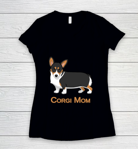 Dog Mom Shirt Cute Black Tricolor Pembroke Corgi Mom Dog Lovers Women's V-Neck T-Shirt