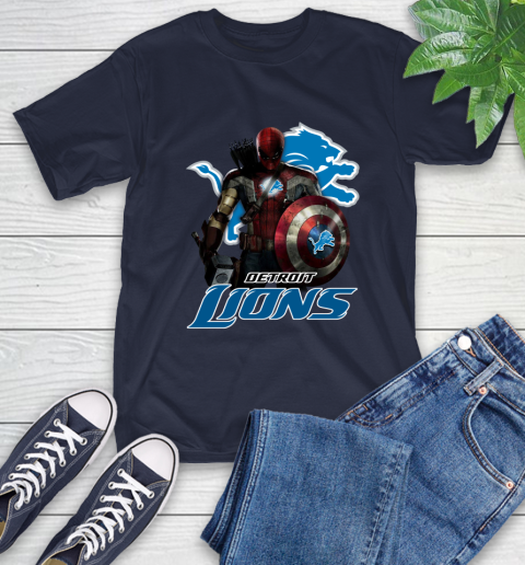 NFL Captain America Thor Spider Man Hawkeye Avengers Endgame Football Detroit Lions T-Shirt 4