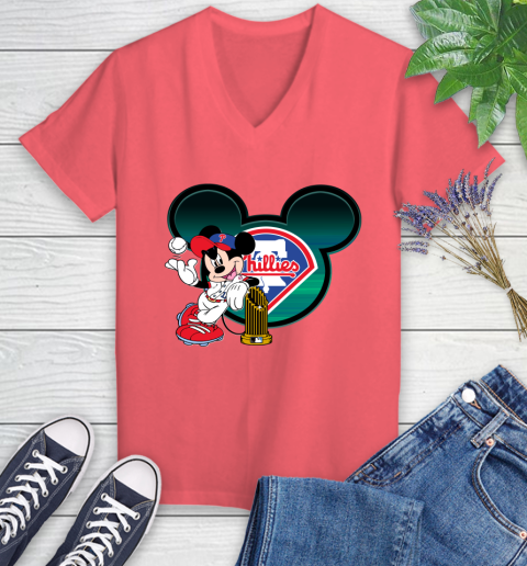 MLB Philadelphia Phillies The Commissioner's Trophy Mickey Mouse Disney Women's V-Neck T-Shirt 6