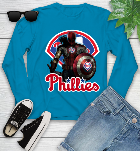 MLB Captain America Thor Spider Man Hawkeye Avengers Endgame Baseball Philadelphia Phillies Youth Long Sleeve 7