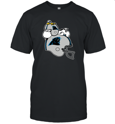 Snoopy And Woodstock Resting On Carolina Panthers Helmet Unisex Jersey Tee